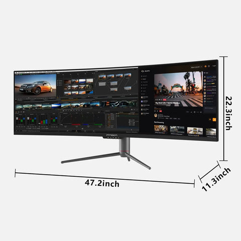 UltraWide 49 Inch Curved Monitor with 32 by 9 aspect, 1800R, 3840x1080 resolution, 144Hz, HDR400, showing work applications