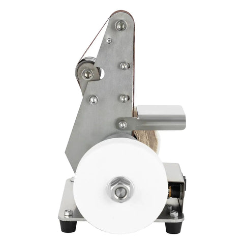 Real Deal Mini Belt Sander And Bench Grinder With Seven Adjustable Speeds Zero Hassle Sanding Machine side view, showing motor and belt.