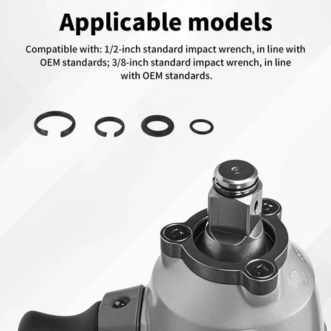 Heavy Duty Pro Grade Impact Retaining Ring Kit With O Rings And Anvil Tool for 3/8 and 1/2 inch wrenches shown with wrench