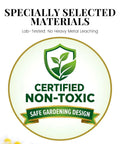 Certified non-toxic safe gardening design logo with shield and leaf graphic