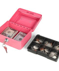 Small Pink Cash Box With Key Lock Double Layer Metal Money Box for Home Security featuring removable tray with coins and bills displayed