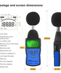 Digital Decibel Meter For Home Studio And Workplace With High Precision 30 To 130 DBA A Weighting And C Weighting Fast And Slow Response Large Backlit Display Portable Handheld Sound Level Meter For Noise Testing Must Have, shown with dimensions and backlit display.