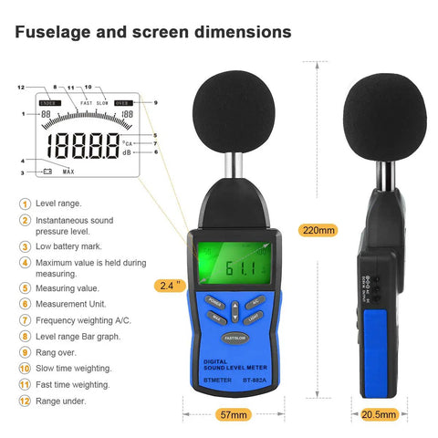Digital Decibel Meter For Home Studio And Workplace With High Precision 30 To 130 DBA A Weighting And C Weighting Fast And Slow Response Large Backlit Display Portable Handheld Sound Level Meter For Noise Testing Must Have, shown with dimensions and backlit display.