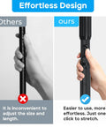 Comparison of tension curtain rods showing one-click extension feature next to traditional rod gripping method.