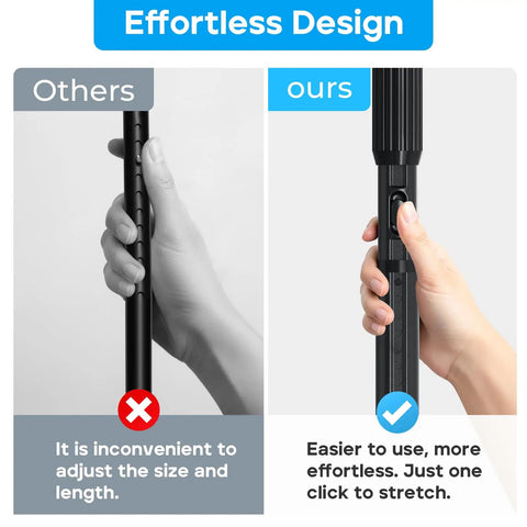Comparison of tension curtain rods showing one-click extension feature next to traditional rod gripping method.