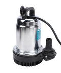 Cordless Submersible Water Pump 1003 GPH High Flow Battery Operated Drain Pump For Garden Irrigation And Rain Barrel Transfer No Strings Attached Ease Sleek Go Getter Portability with metallic housing and hose attachment.