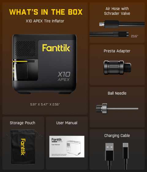 Image showing components included: Tire Inflator, Air Hose, Presta Adapter, Ball Needle, Storage Pouch, User Manual, Charging Cable.