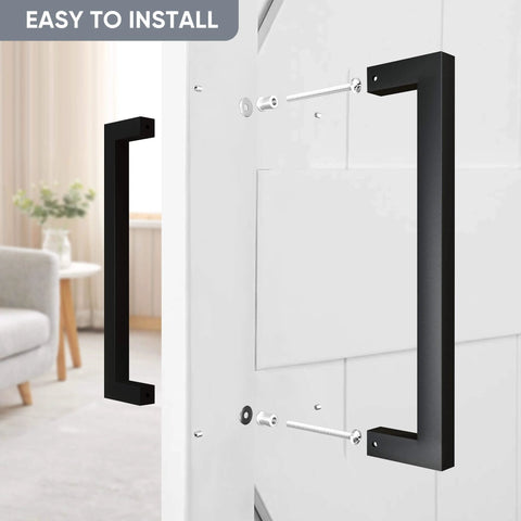 12 Inch Matte Black Push Pull Bar Handle For Sliding Barn Doors And Garages, Heavy Duty Double Sided Door Hardware, Easy To Install With Two Screws, Carbon Steel Construction, Rust Resistant Powder Coat shown installed on door