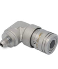 Angled side view of Summit Hydraulics 90-degree flat-face skid-steer quick-connect coupler with 3/8 in JIC male thread