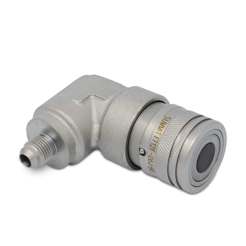 Angled side view of Summit Hydraulics 90-degree flat-face skid-steer quick-connect coupler with 3/8 in JIC male thread