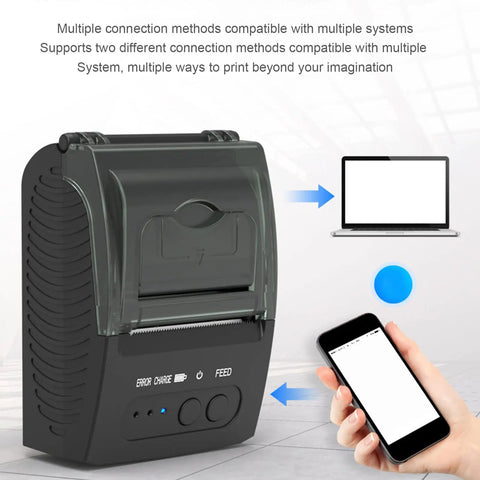 Thermal Label Printer Bluetooth Shipping Label Maker 58mm Wide 90mm Per Second Print Speed Dope Wireless Printing From Android Or iOS Phones And Tablets Auto Sleep Wake Built Tough For Home Office And Small Biz shown connected to smartphone and laptop.