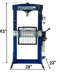 Supercharged Steel H Frame Pneumatic Air Hydraulic Garage Shop Press 30 Ton measuring 66.93" x 28" x 22" for tough metal work.