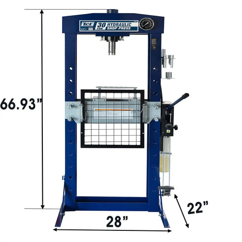 Supercharged Steel H Frame Pneumatic Air Hydraulic Garage Shop Press 30 Ton measuring 66.93" x 28" x 22" for tough metal work.