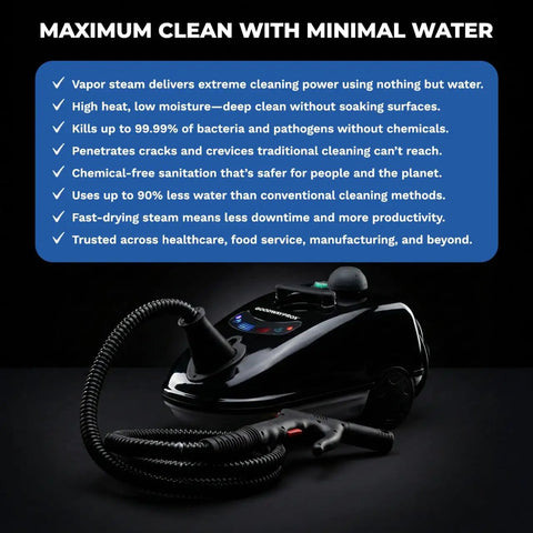 Compact Dry Steam Cleaner 1700W Commercial Grade with hose and control panel for minimal water cleaning effectiveness.