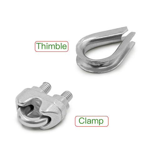 Heavy Duty Cable Railing Kit With 4 M6 Hook And Eye Turnbuckles, 8 M3 Stainless Thimbles, 16 M3 Wire Rope Clip Clamps, thimble and clamp