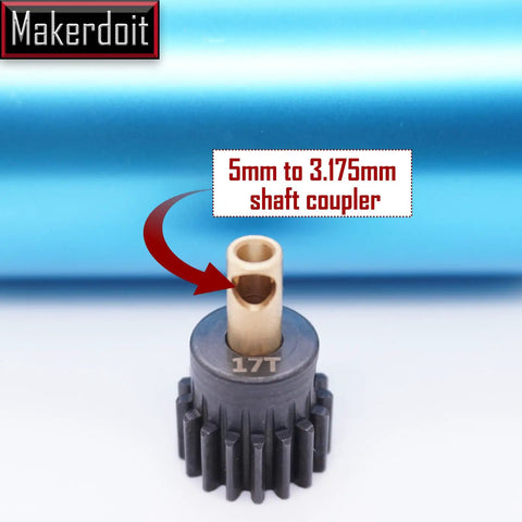 17T pinion gear with 5mm to 3.175mm shaft coupler for RC cars, part of the 32P 5mm Pinion Gear Set For RC Cars With Hex Key 13T 14T 15T 16T 17T Durable Metal Construction Gear Up Your RC Ride With Quick Gear Ratio Swaps For Different Track Conditions.