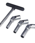 4 Piece Glow Plug Socket Set With Three Eighths Inch Drive T Bar showing 8mm, 10mm, 12mm sockets with universal joint