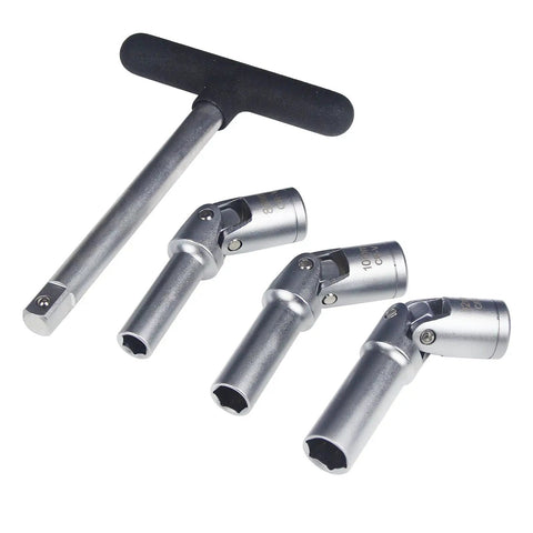 4 Piece Glow Plug Socket Set With Three Eighths Inch Drive T Bar showing 8mm, 10mm, 12mm sockets with universal joint