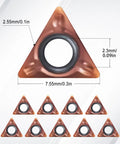 Badass 10 Pack Slick Triangle Carbide Cutter Heads For Mini Pneumatic Chamfering Machine With Heavy Duty Tin Coating For Rapid Steel Deburring And Tight Metal Trimming Jobs, showing a triangular carbide cutter with dimensions.