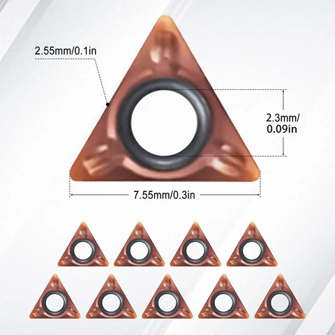 Badass 10 Pack Slick Triangle Carbide Cutter Heads For Mini Pneumatic Chamfering Machine With Heavy Duty Tin Coating For Rapid Steel Deburring And Tight Metal Trimming Jobs, showing a triangular carbide cutter with dimensions.