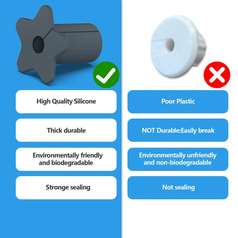 Comparison of high-quality silicone wall grommet vs poor plastic; silicone is durable and biodegradable, plastic is non-durable.