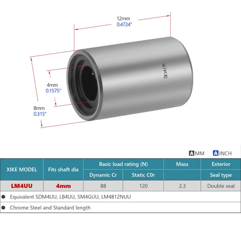 LM4UU 4x8x12mm Linear Motion Bearing diagram with dimensions for DIYers 3D Printers CNC Machines with chrome steel finish