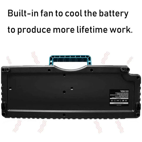 Back view of Four Port Battery Charger Station for 14.4V to 18V Lithium Tool Batteries with cooling fan.