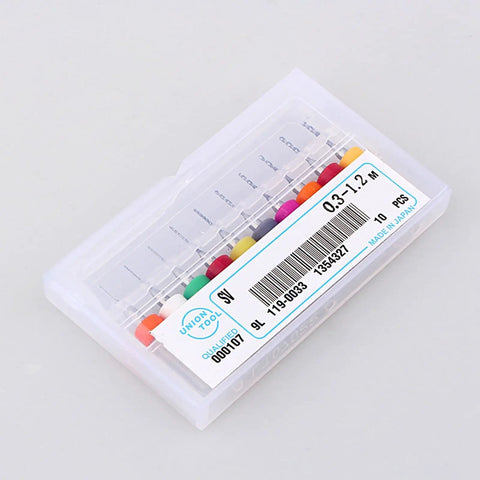10 Piece Micro Drill Bits Set For PCB Engraving in plastic case with size label visible, tungsten carbide, assorted colors
