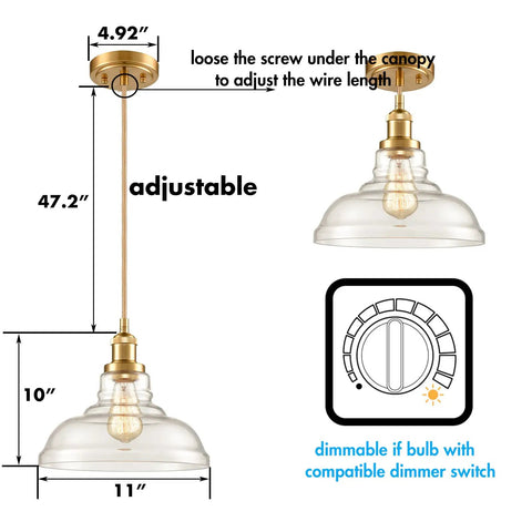 Brass Gold Glass Dome Pendant Lights Set Of 3 For Kitchen Island with handblown clear glass, adjustable 47.2in cord, dimmable option.
