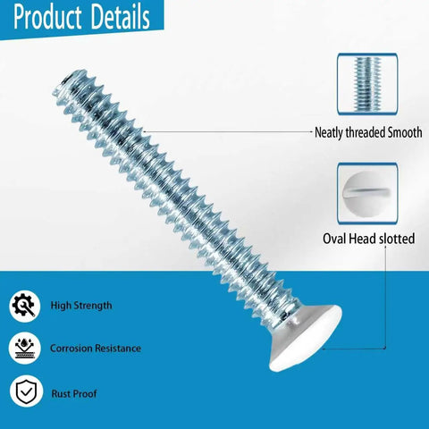 White Wall Plate Screws Kit With 46 Screws In Eight Lengths For 6-32 Thread, close-up of one screw with oval slotted head.