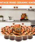 6 Pack Vintage Ceramic Cabinet Knobs Rose Flower Drawer Pulls For Furniture Kitchen Dresser Closet With Screws Orange Antique Cupboard Handles DIY Friendly Install Retro Style Durable Finish For Long Lasting Beauty displayed in a kitchen setting