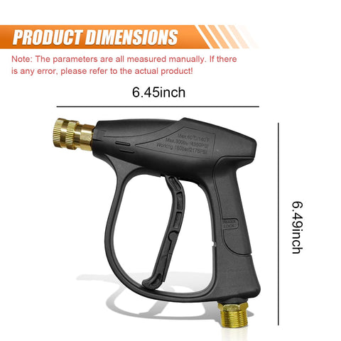 High Pressure Car Wash Gun With 4350 PSI Max Quick Connect One Quarter Inch Outlet And Five Nozzles For Fast Easy Car Cleaning M22 14 Thread Inlet Auto Cleaning Sprayer Tool, side view with dimensions