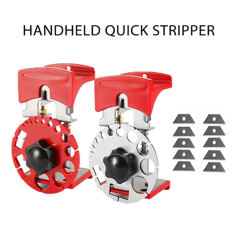 Straight Up Adjustable Manual Wire Stripper And Portable Cable Cutter With Precision Blade Adjustment Screw For Flawless Insulation Removal On Standard Wire Gauges Hardcore Performance, showing handheld quick strippers with red handles.