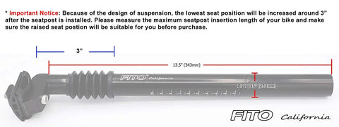 27.2 Millimeter Diameter 350 Millimeter Length Suspension Seat Post With Clamp For Mountain Bikes Beach Cruisers BMX And Tandem Bikes Black Built In Spring Suspension For Smoother Ride And Durable Steel And Aluminum Construction, shown with measurement markings and FITO branding.
