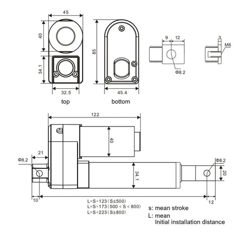 Dimensions diagram of Heavy Duty Electric Linear Actuator DC Motor With Photoelectric Sensor IPS S2 Drive, showing size specifics.