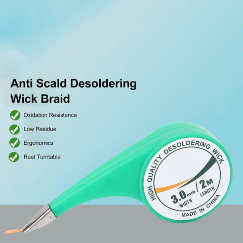 Brass Desoldering Wick Braid With Flux, 2m Length, 3mm Width, Solder Removal Tool for PCB Cleaning, green spool