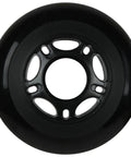 Outdoor Roller Hockey Wheel HiLo Set With Four 76mm And Four 80mm Wheels 82A Hardness Built For Tough Outdoor Play On Concrete Or Asphalt Ideal For Street And Park Rinks, close-up of a single 76mm black roller hockey wheel showing hub design.