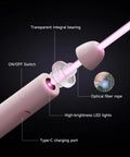 Close-up of pink handle with Type-C charging port and LED lights for Light Up Jump Rope With Colorful LED Glow, Adjustable Skipping Rope For Kids And Grownups, Totally Lit Night Glow For Workouts, Cardio And Fitness, Durable Quick Cable, Pink.
