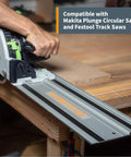 Pro Grade Dual 55 Inch Track Saw Guide Rail Kit Featuring Dead Nuts Straight Aluminum Profile And Heavy Duty Canvas Bag For Knocking Out Flawless Precision Cuts Every Single Time being used with a plunge saw on a workbench.