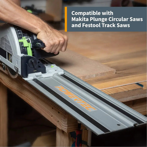 Pro Grade Dual 55 Inch Track Saw Guide Rail Kit Featuring Dead Nuts Straight Aluminum Profile And Heavy Duty Canvas Bag For Knocking Out Flawless Precision Cuts Every Single Time being used with a plunge saw on a workbench.