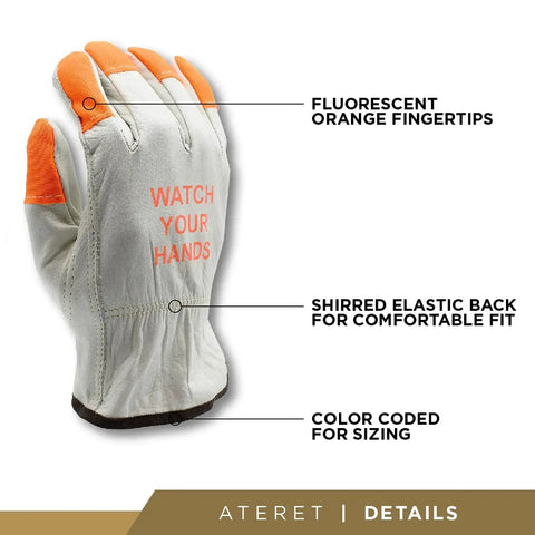 12 Pairs Large Hi Vis Heavy Duty Durable Cowhide Leather Work Gloves With Orange Fingertip Design For Abrasion Resistance