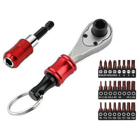 Grab And Go Portable Quarter Inch Hex End Mini Ratchet Wrench Set With Quick Release Magnetic Bit Driver EDC Bit Holder Keychain 2 Piece Red Hex Tool visible with red and silver components, small bit driver, and multiple bit sizes for DIY bike and home repairs in tight spaces.