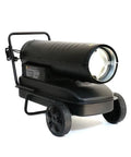 Portable High Output 37KW Industrial Diesel Air Fan Heater With Smart Remote Control side view on wheels for easy mobility in winter.