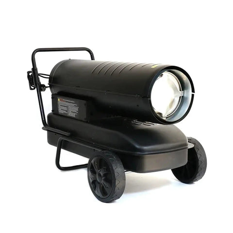 Portable High Output 37KW Industrial Diesel Air Fan Heater With Smart Remote Control side view on wheels for easy mobility in winter.