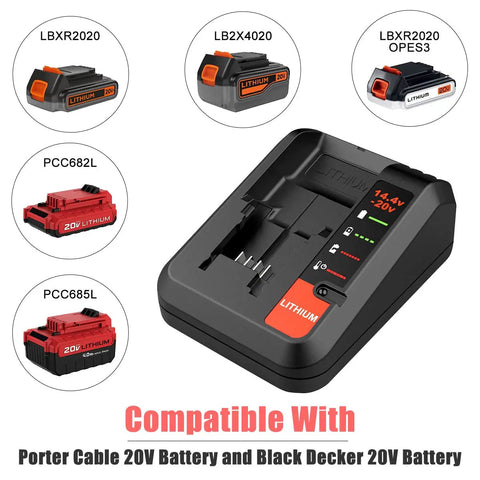 Heavy Duty Fast 2A 20V Lithium Battery Charger For Black And Decker 20V Tools And Porter Cable 20V Tools With 52 Inch Cable Replacement Model LBXR20 LBXR2030 LB2X4020 PCC680L PCC681L PCC682L PCC685L PCC685LP