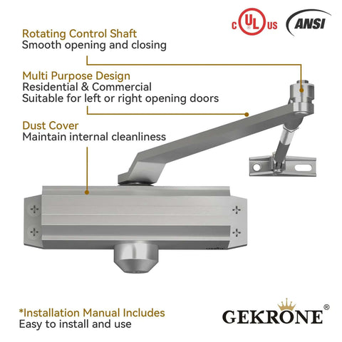 Heavy Duty Automatic Door Closer With Spring Hydraulic Action, Aluminum Alloy Body, Surface Mounted, Fire Resistant And ANSI UL Certified