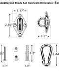 Triangle Shade Sail Hardware Kit Stainless Steel 304 Marine Grade Includes Turnbuckles Pad Eyes Snap Hook 18 Piece DIY Ready Outdoor Installation Kit Weather Resistant For Patio Lawn Garden Silver dimensions diagram