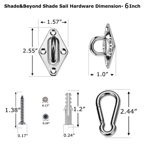 Triangle Shade Sail Hardware Kit Stainless Steel 304 Marine Grade Includes Turnbuckles Pad Eyes Snap Hook 18 Piece DIY Ready Outdoor Installation Kit Weather Resistant For Patio Lawn Garden Silver dimensions diagram