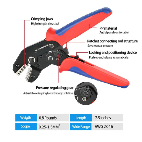 Crimping tool from Auto Wiring Pin Connector Kit with PP handle and steel jaws, 7.5 inches long, for simple crimping.