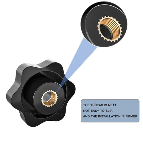Close-up of Star Shaped Knurled M8 Grippy Clamping Knob Black Plastic Screw On Type With Threaded Grips For Lawn Mower Handles